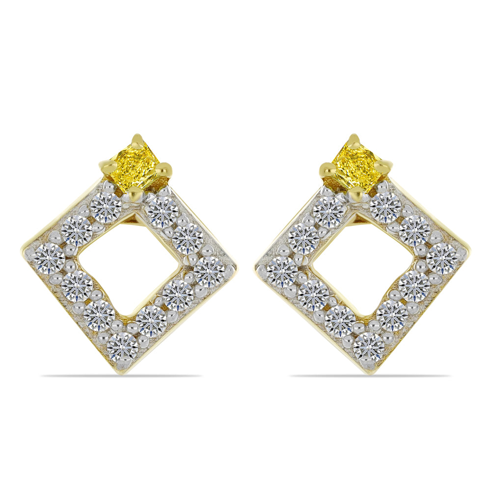 Pendientes de Plata Bañada en Oro con Diamante Amarillo y Zircón blanco natural