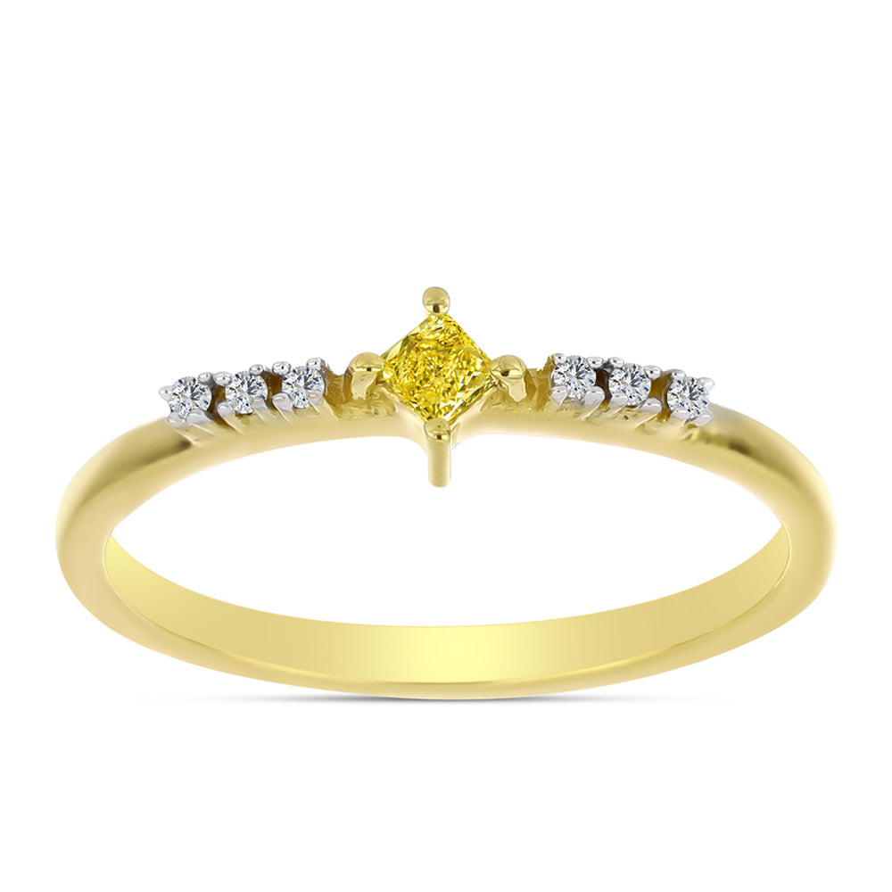 Anillo de Plata Bañada en Oro con Diamante Amarillo y Zircón blanco natural