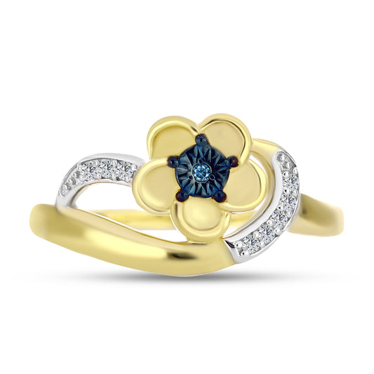 Anillo de Plata Bañada en Oro con Diamante Azul y Zircón Blanco