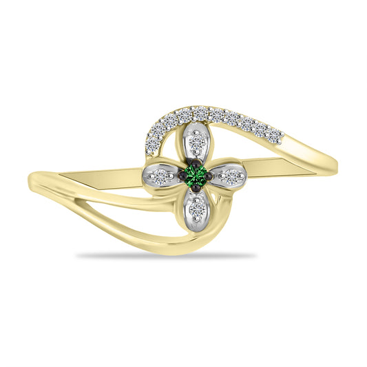 Anillo de Plata Bañada en Oro con Diamante Verde y Zircón Blanco
