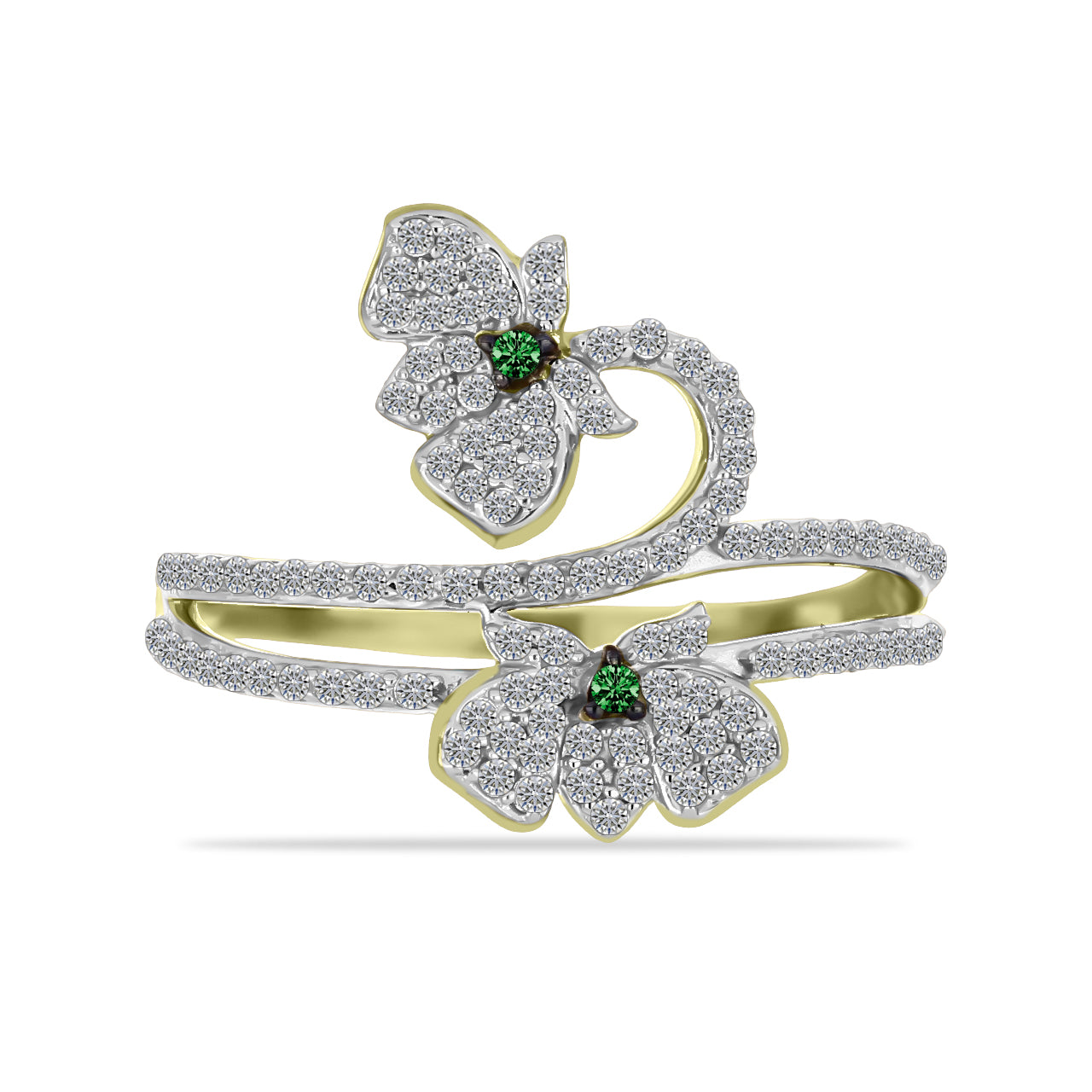 Anillo de Plata Bañada en Oro con Diamante Verde y Zircón Blanco 1 