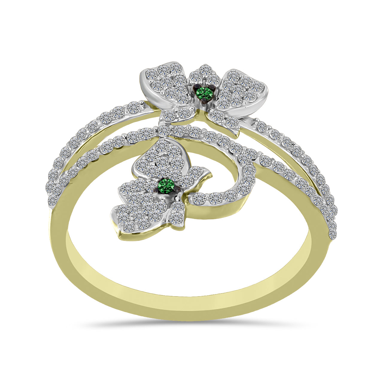 Anillo de Plata Bañada en Oro con Diamante Verde y Zircón Blanco