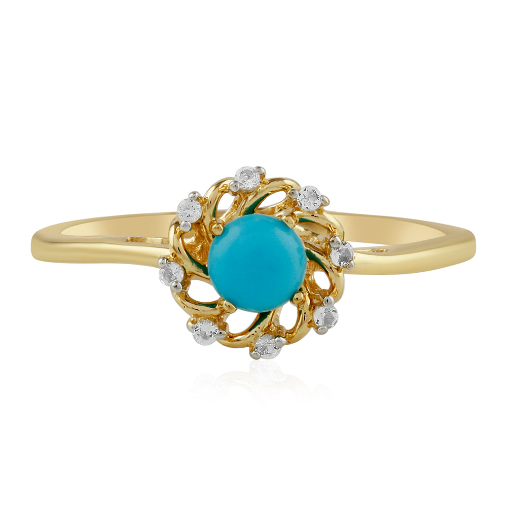 Anillo de Plata Bañada en Oro con Turquesa Bella Durmiente y Topacio Blanco
