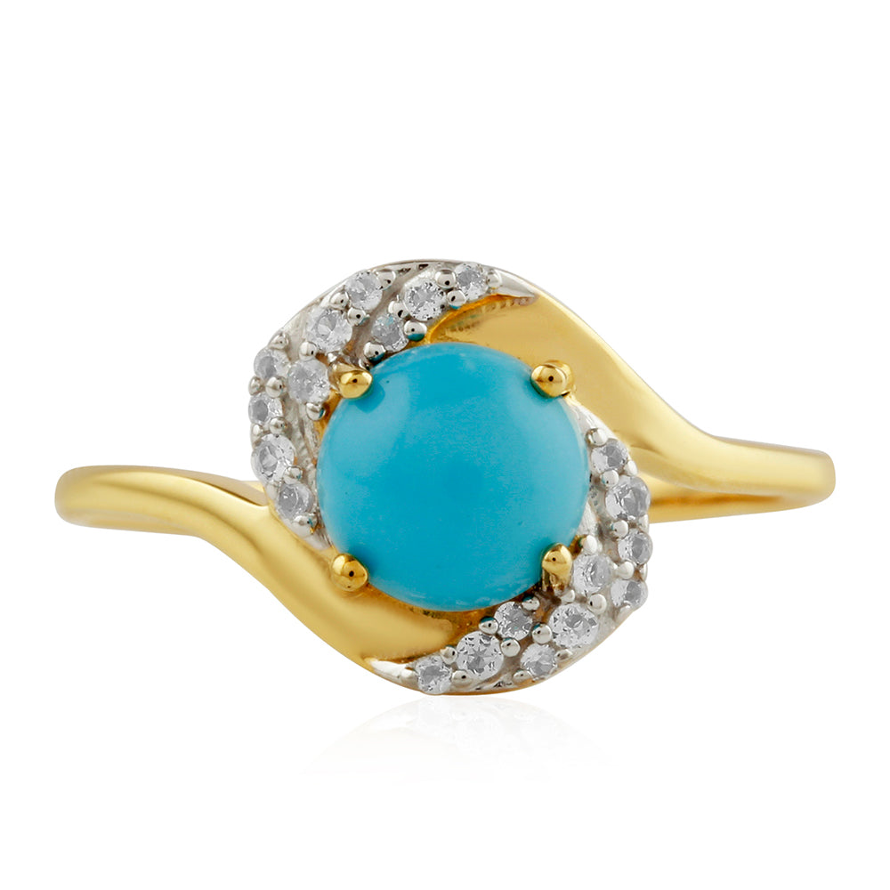 Anillo de Plata Bañada en Oro con Turquesa Bella Durmiente y Topacio Blanco 1 