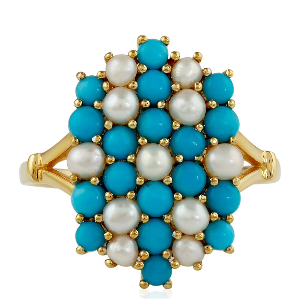 Anillo de Plata Bañada en Oro con Turquesa Bella Durmiente y Perla blanca de agua dulce