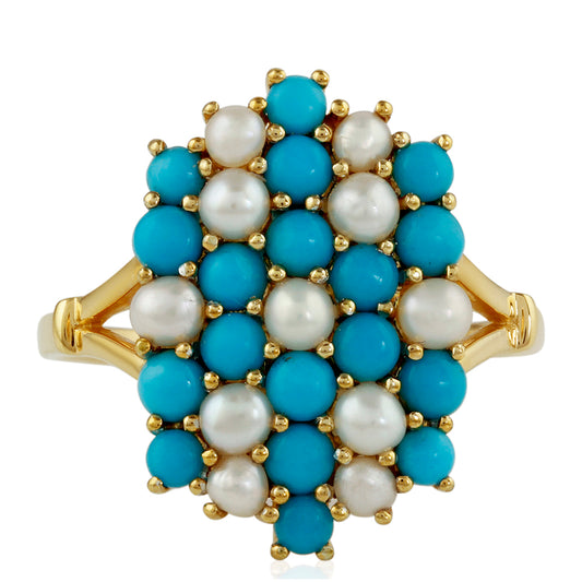 Anillo de Plata Bañada en Oro con Turquesa Bella Durmiente y Perla blanca de agua dulce
