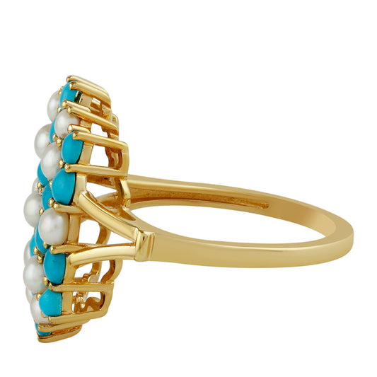 Anillo de Plata Bañada en Oro con Turquesa Bella Durmiente y Perla blanca de agua dulce