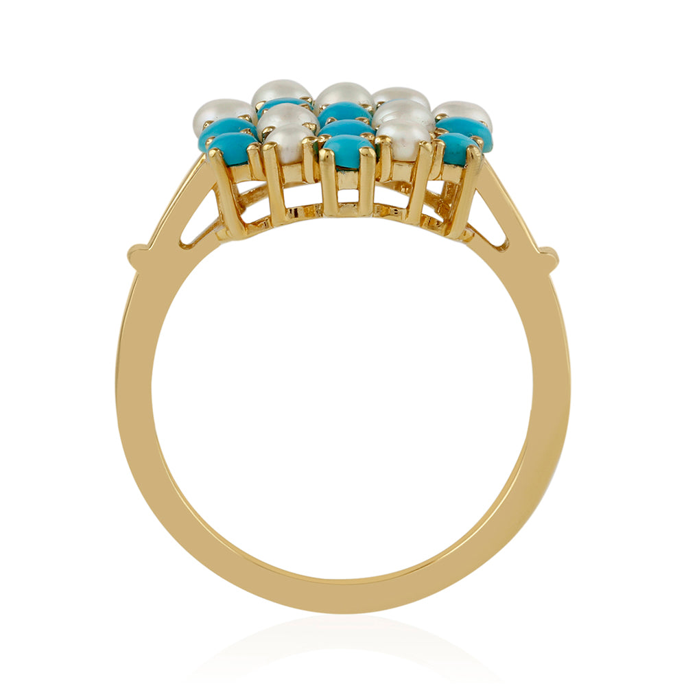 Anillo de Plata Bañada en Oro con Turquesa Bella Durmiente y Perla blanca de agua dulce