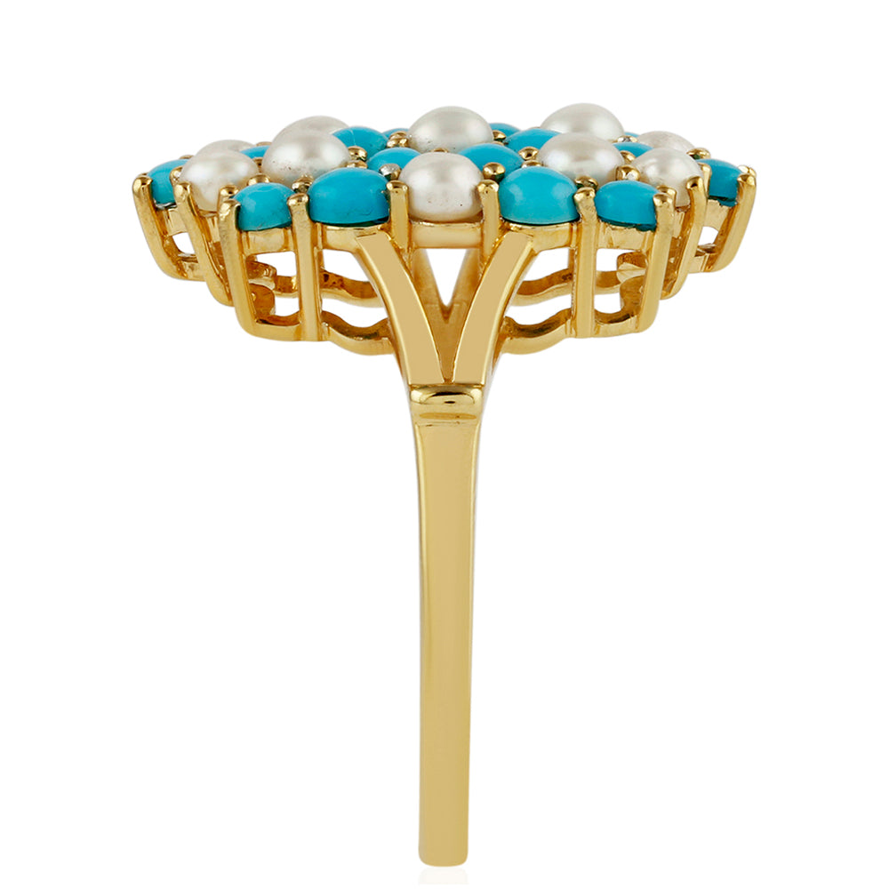 Anillo de Plata Bañada en Oro con Turquesa Bella Durmiente y Perla blanca de agua dulce