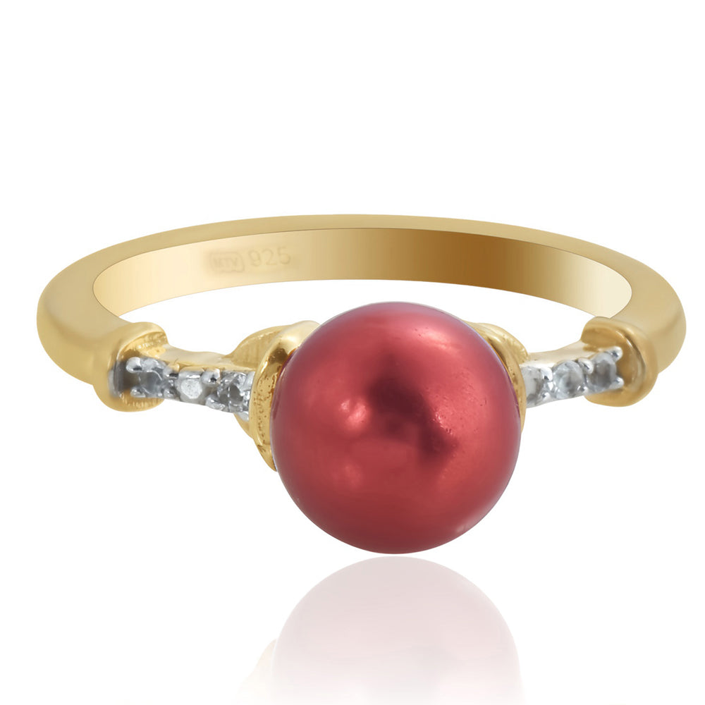 Anillo de Plata Bañada en Oro con Perla roja de río y Topacio Blanco 3 