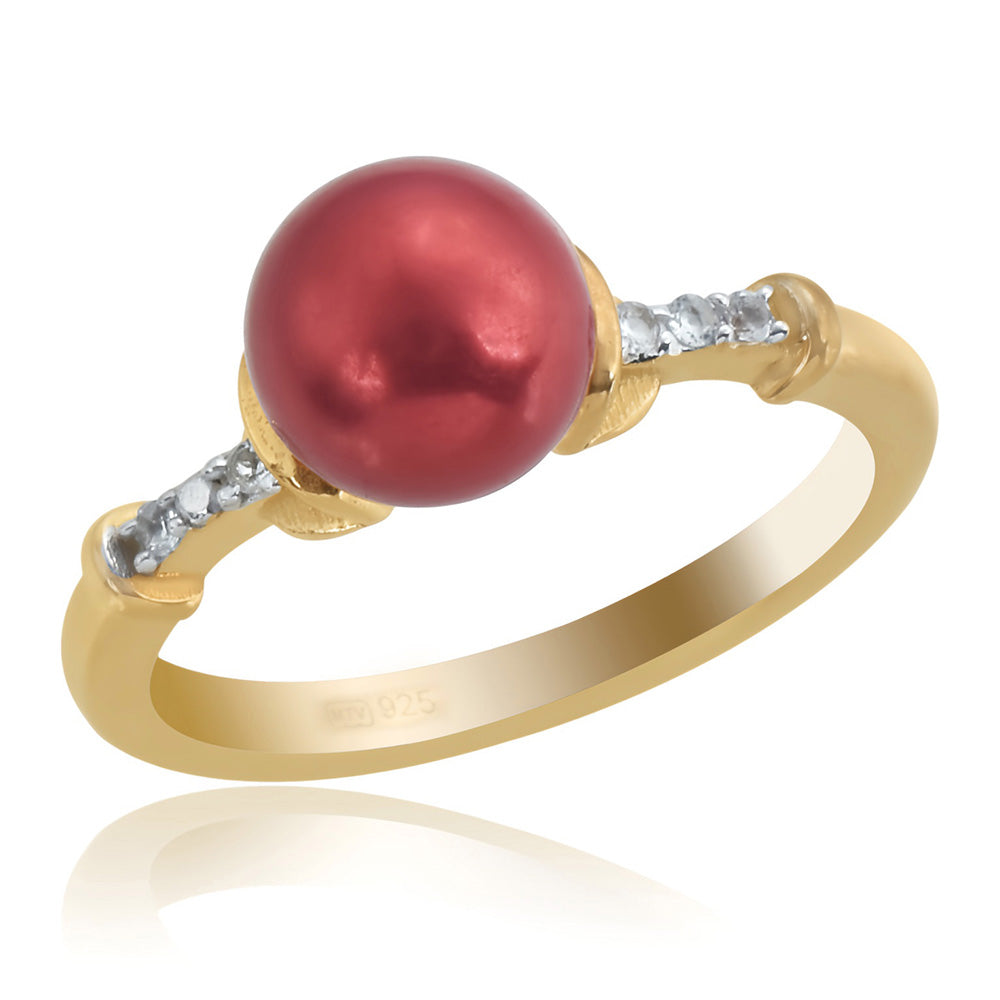 Anillo de Plata Bañada en Oro con Perla roja de río y Topacio Blanco