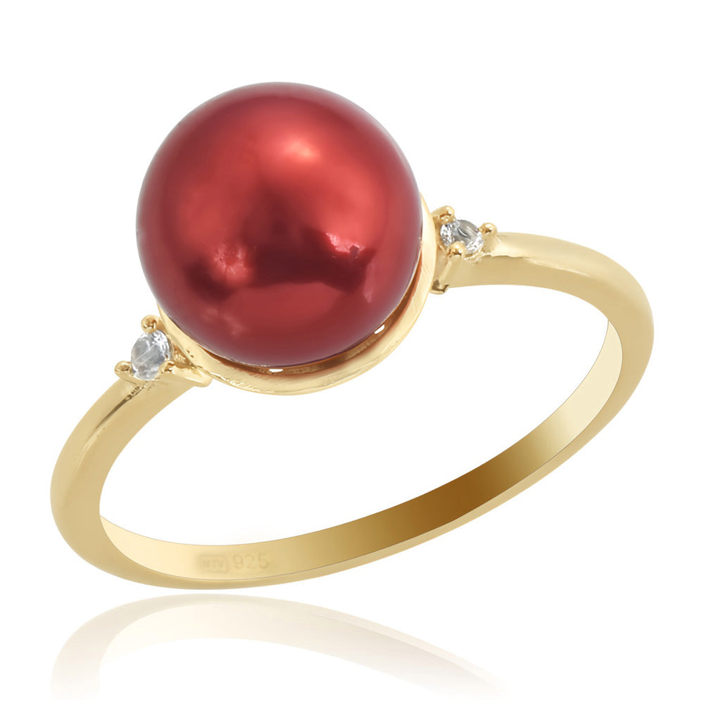 Anillo de Plata Bañada en Oro con Perla roja de río y Topacio Blanco 2 