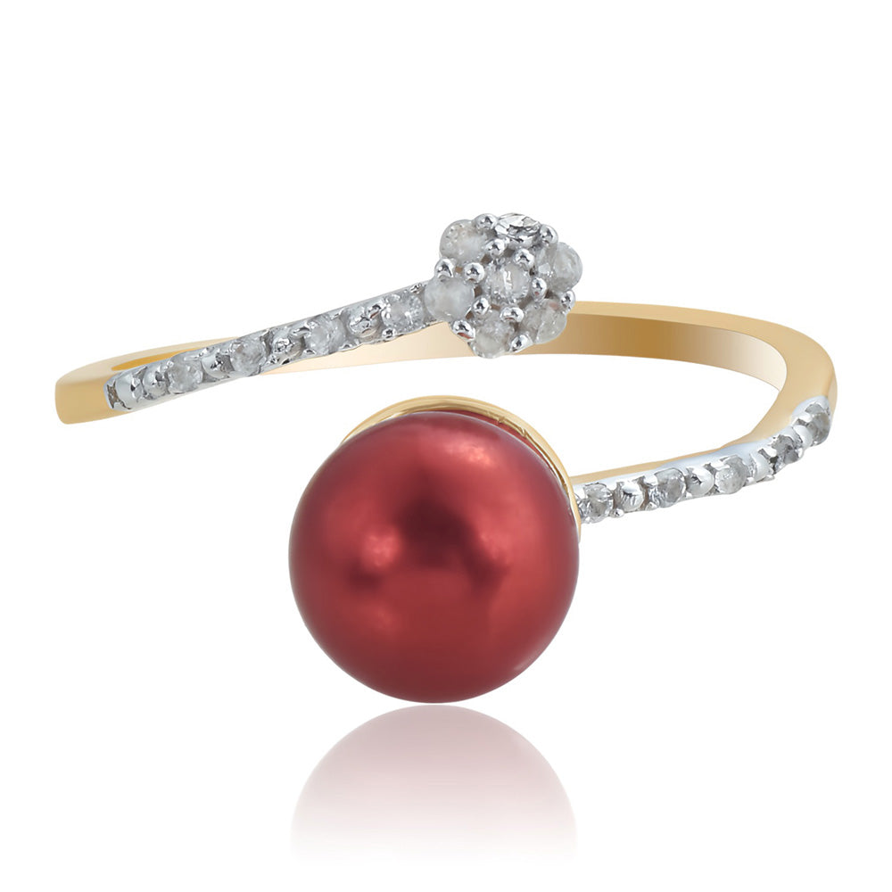 Anillo de Plata Bañada en Oro con Perla roja de río y Topacio Blanco