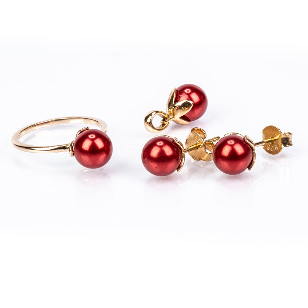 Conjunto de Plata Bañada en Oro con Perla roja de río ( Pendientes +Anillo +Colgante ) 1 