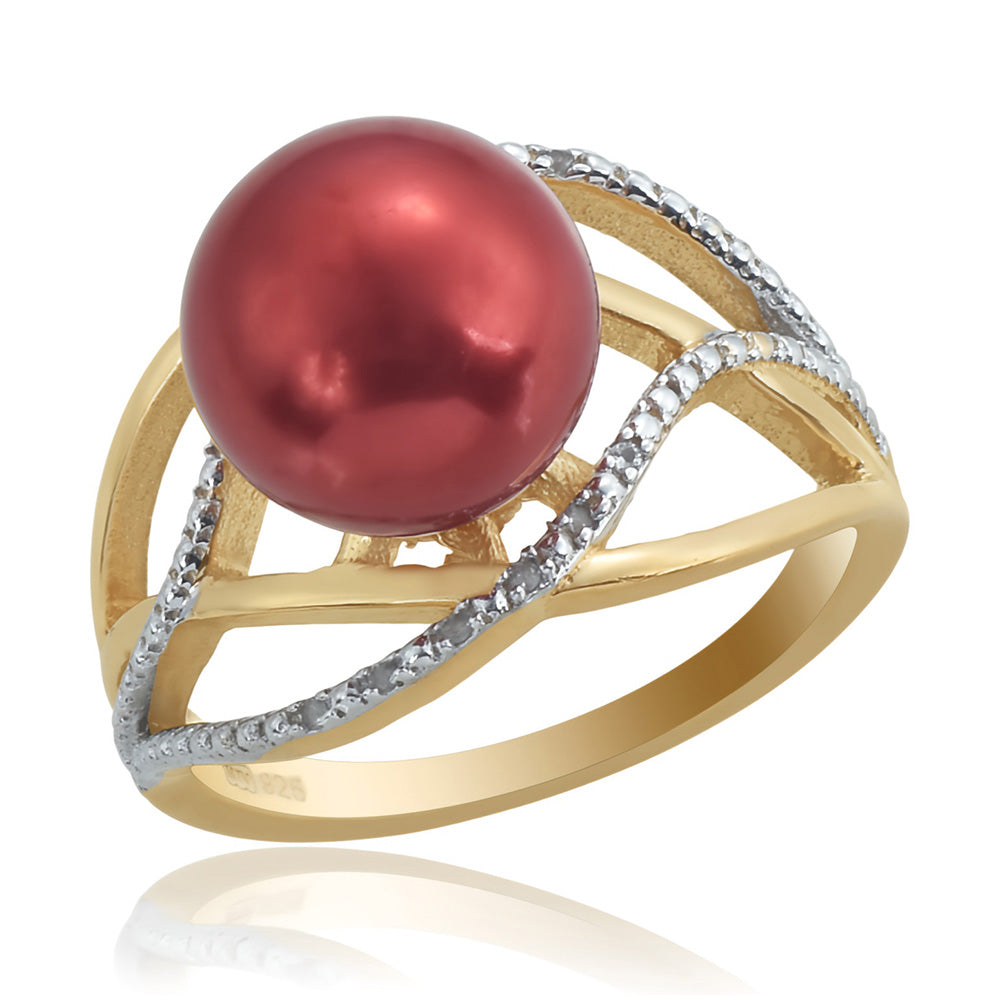 Anillo de Plata Bañada en Oro con Perla roja de río y Topacio Blanco 1 