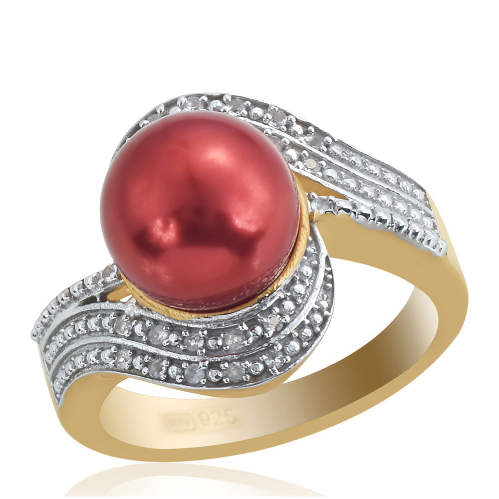 Anillo de Plata Bañada en Oro con Perla roja de río y Topacio Blanco 2 