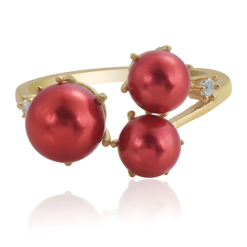 Anillo de Plata Bañada en Oro con Perla roja de río y Topacio Blanco 2 