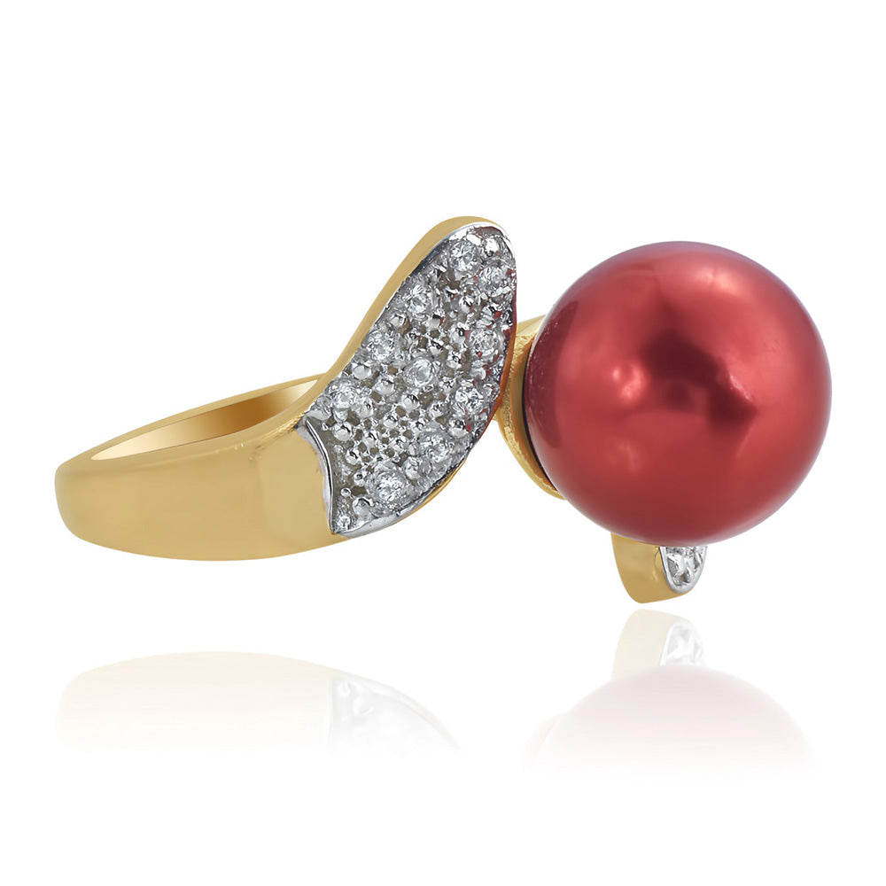 Anillo de Plata Bañada en Oro con Perla roja de río y Topacio Blanco 2 