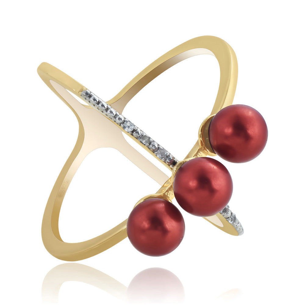 Anillo de Plata Bañada en Oro con Perla roja de río y Topacio Blanco 3 