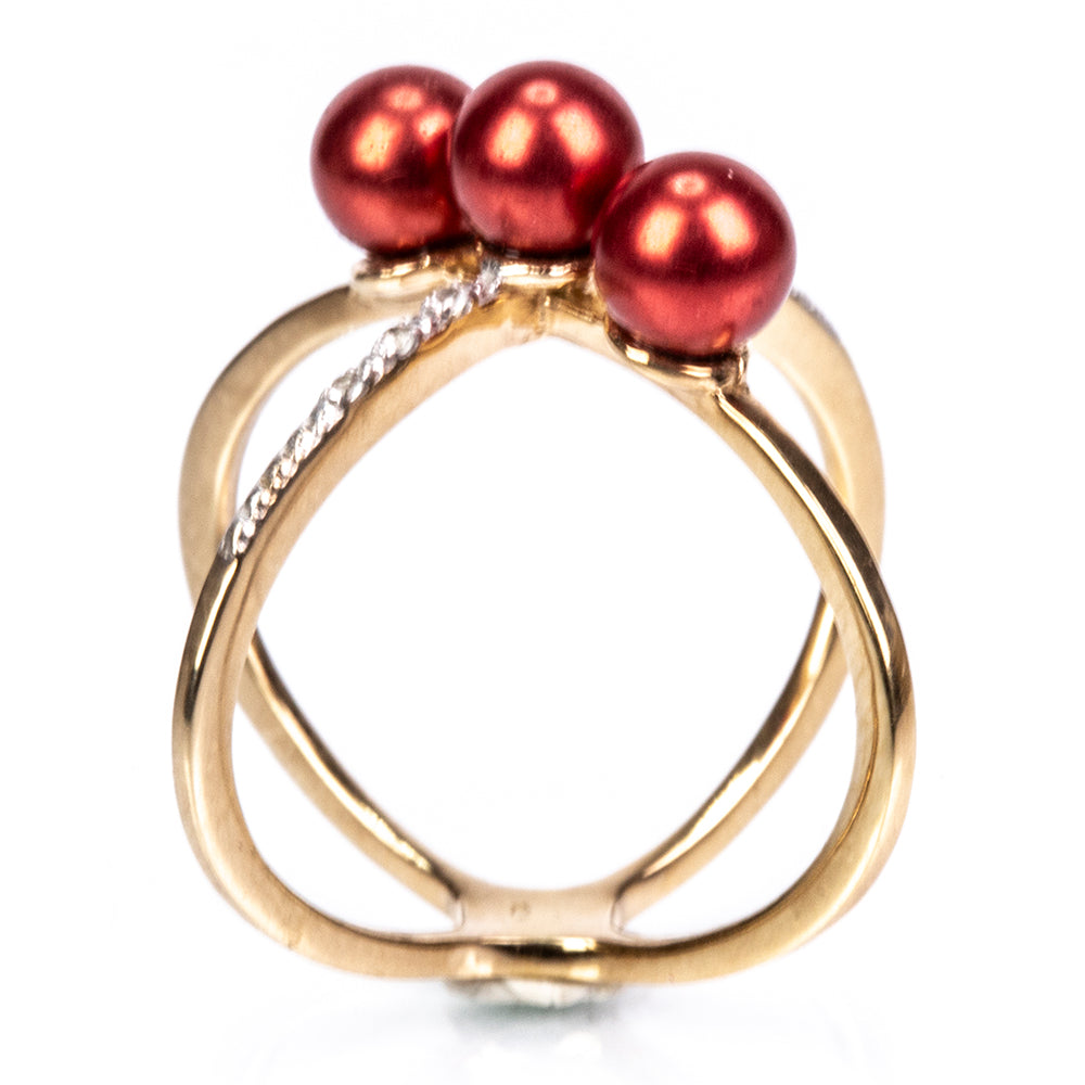 Anillo de Plata Bañada en Oro con Perla roja de río y Topacio Blanco 4 