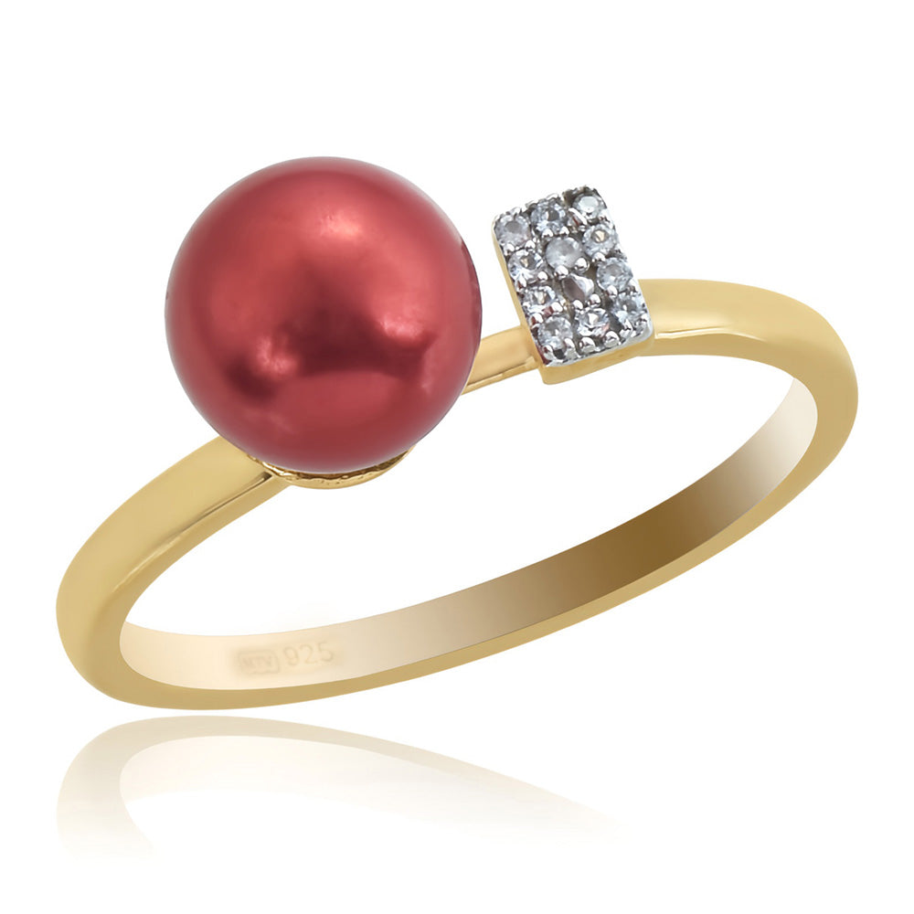 Anillo de Plata Bañada en Oro con Perla roja de río y Topacio Blanco 1 