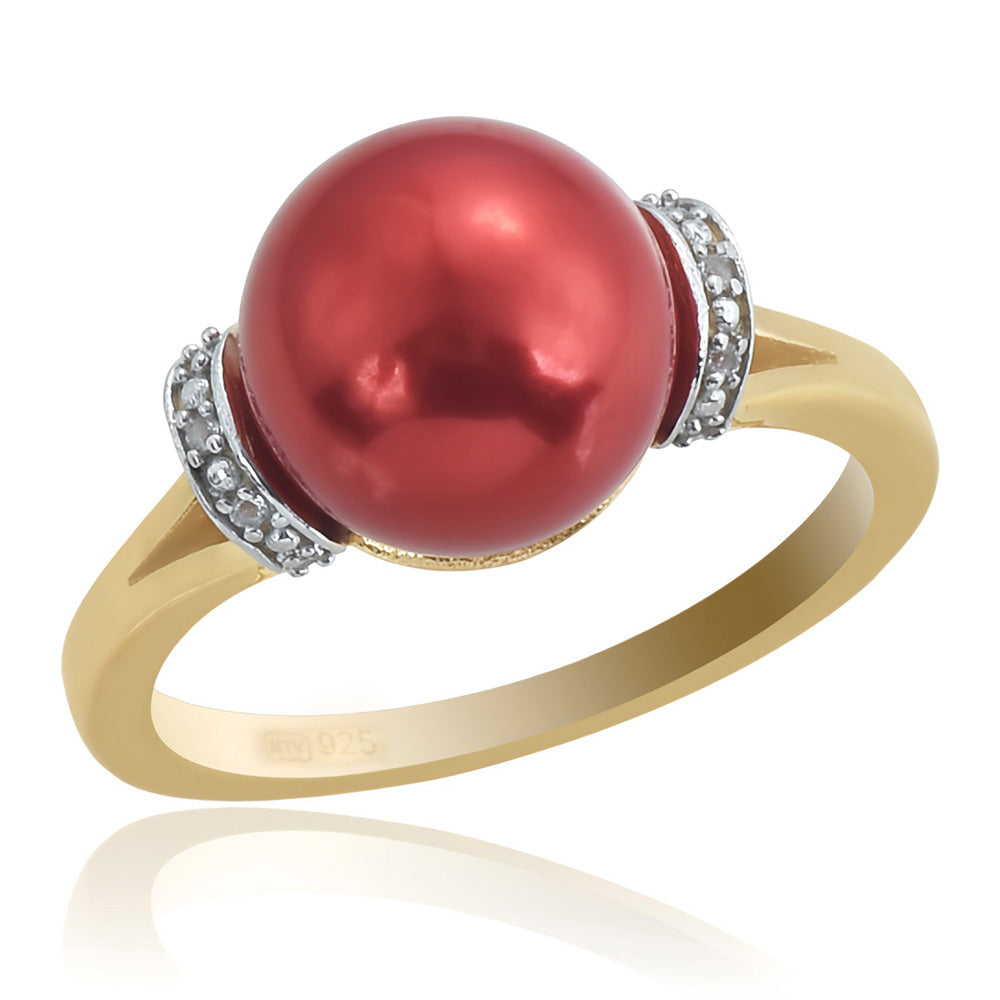 Anillo de Plata Bañada en Oro con Perla roja de río y Topacio Blanco 1 