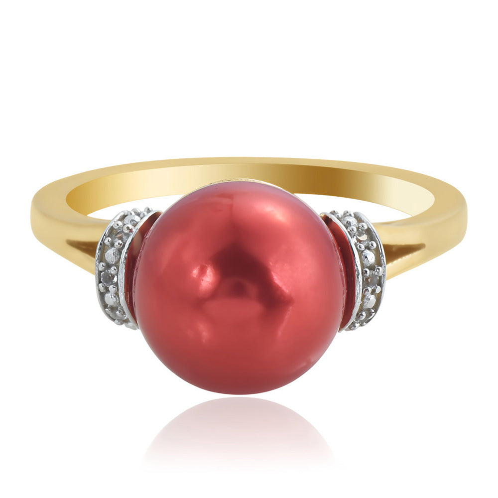 Anillo de Plata Bañada en Oro con Perla roja de río y Topacio Blanco 2 