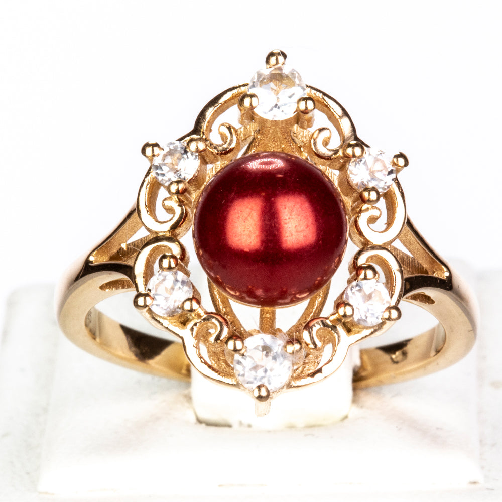 Anillo de Plata Bañada en Oro con Perla roja de río y Topacio Blanco 1 