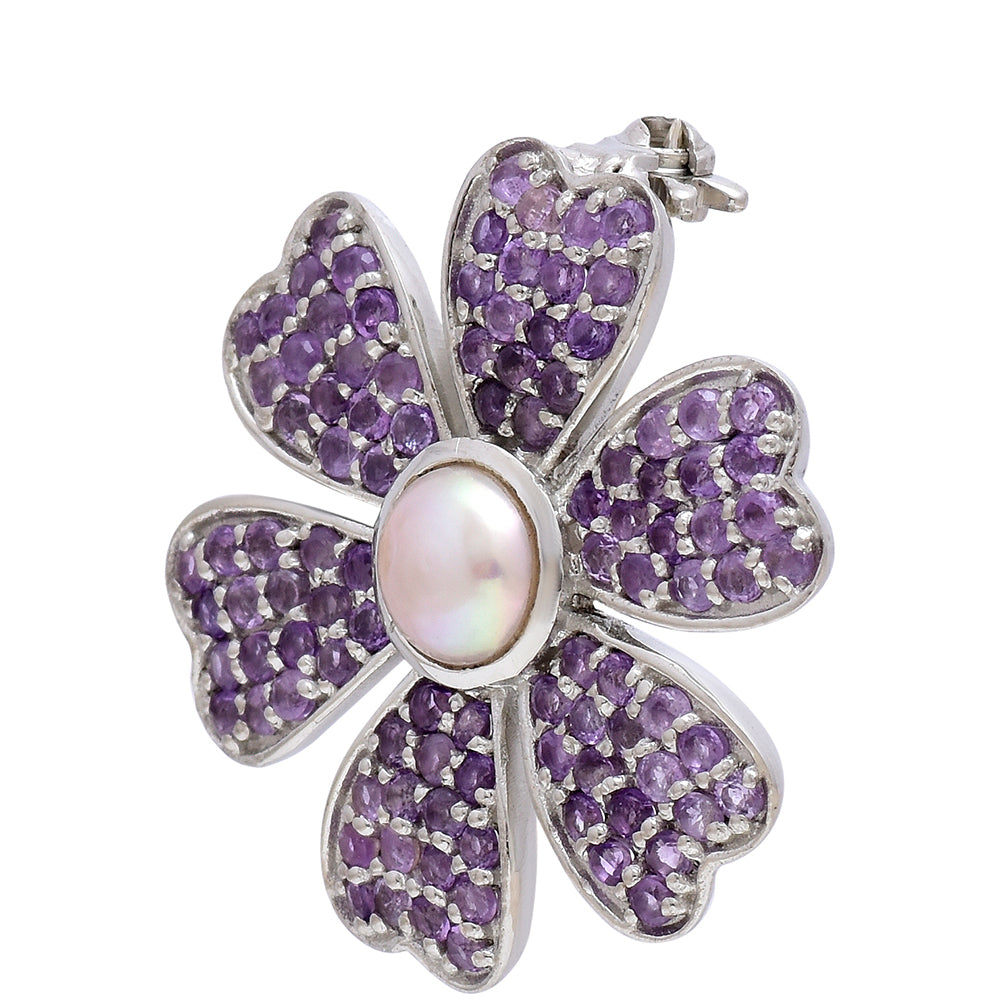 Broche de Plata con Amatista de Marruecos y Perla blanca de agua dulce 2 