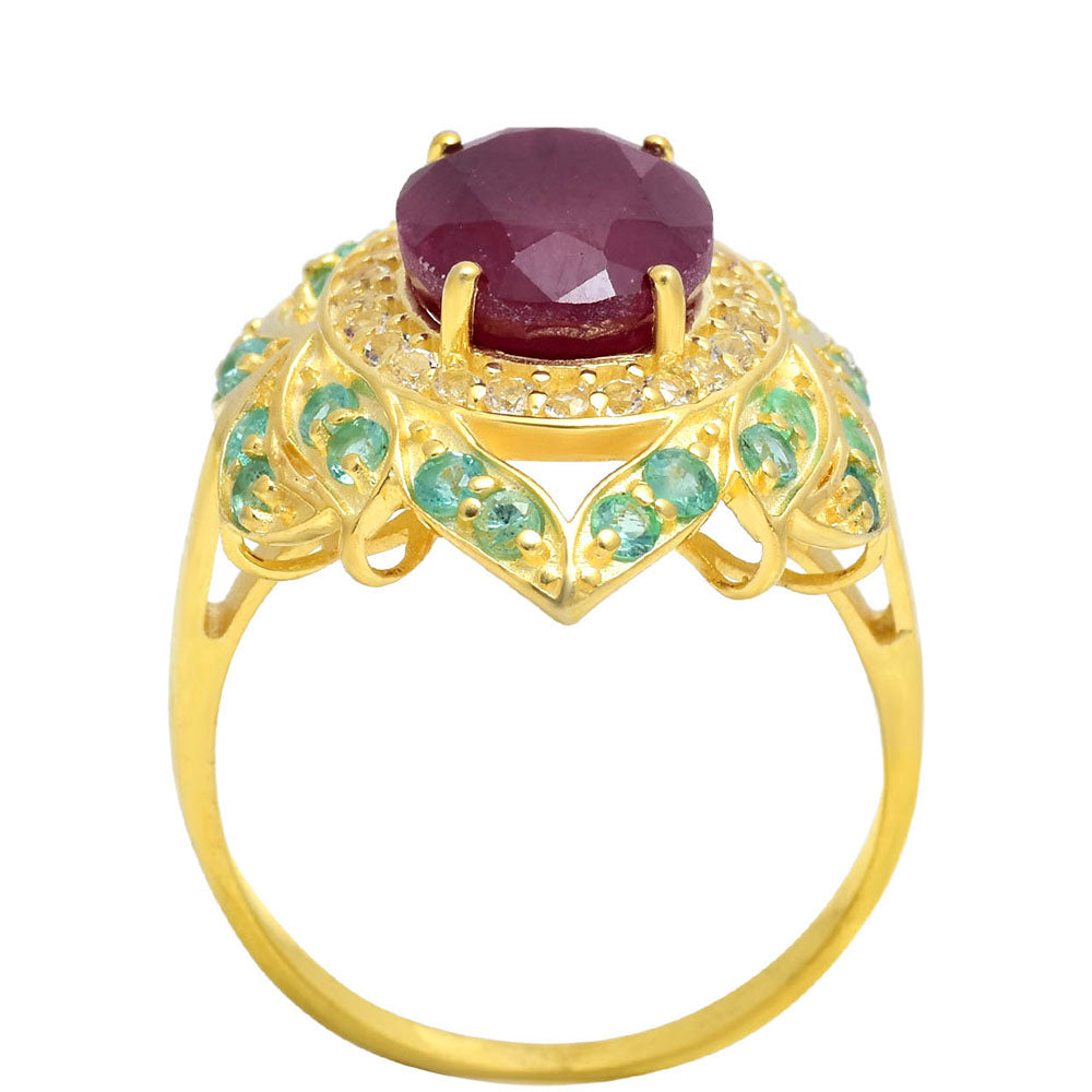 Anillo de Plata Bañada en Oro con Rubí de Madagascar y Esmeralda de Brasil