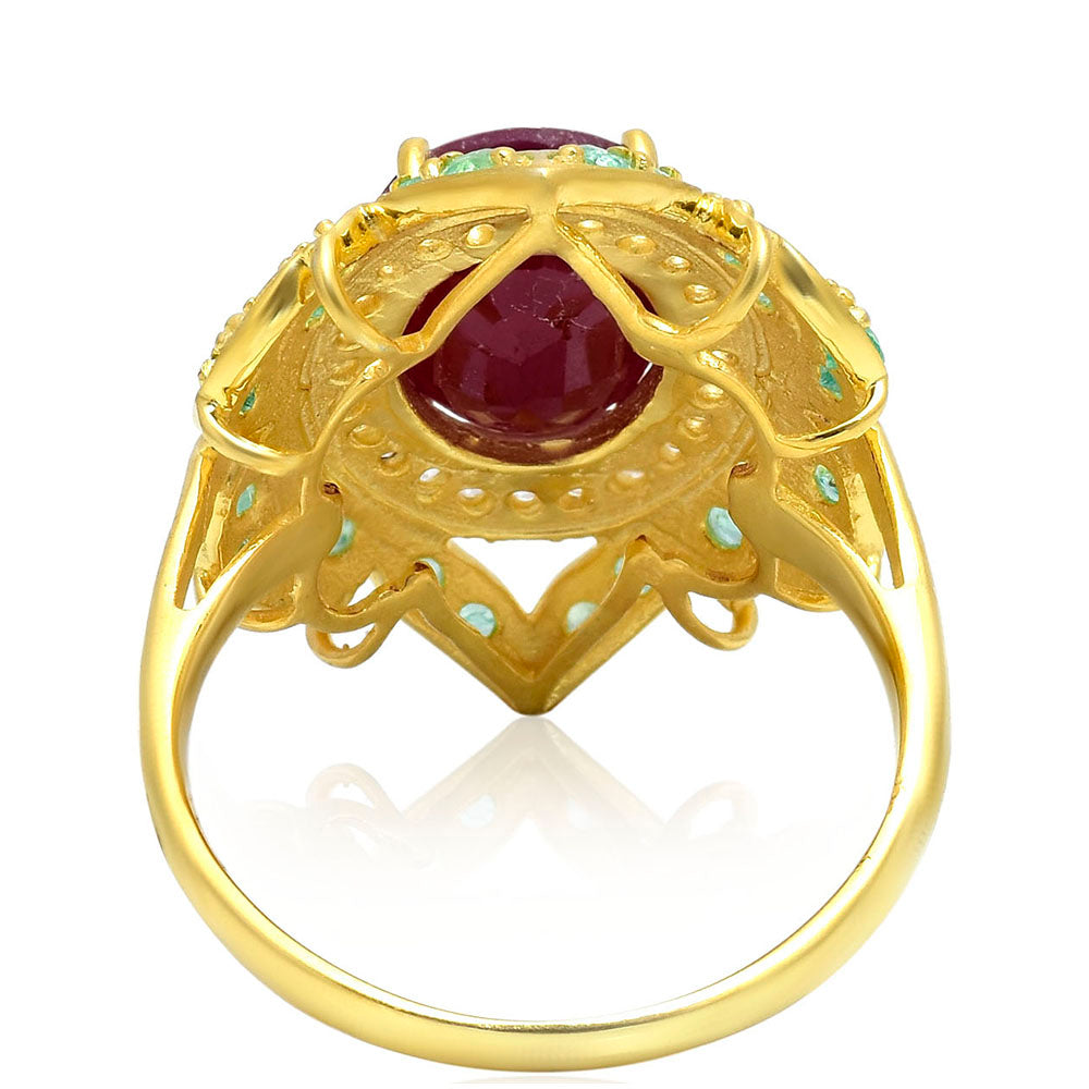 Anillo de Plata Bañada en Oro con Rubí de Madagascar y Esmeralda de Brasil 4 