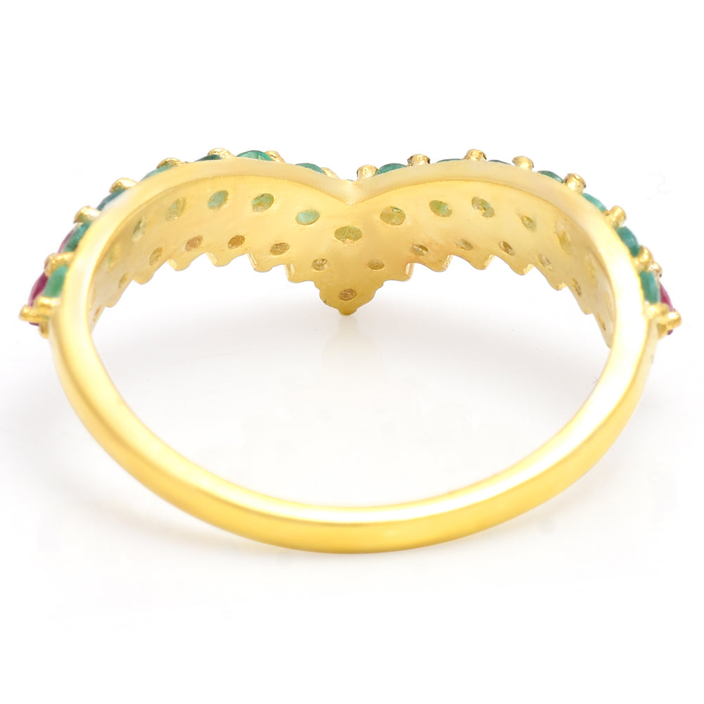 Anillo de Plata Bañada en Oro con Rubí de Madagascar y Esmeralda de Brasil