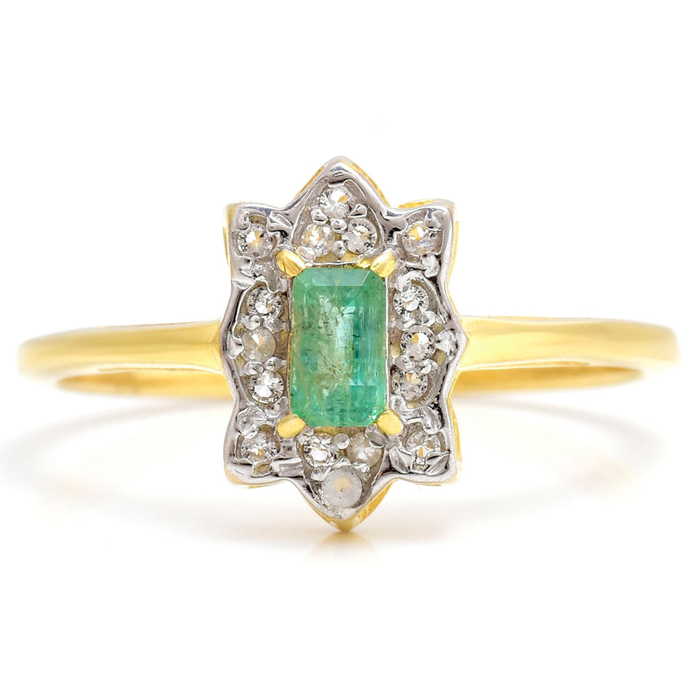 Anillo de Plata Bañada en Oro con Esmeralda de Brasil y Topacio Blanco 5 