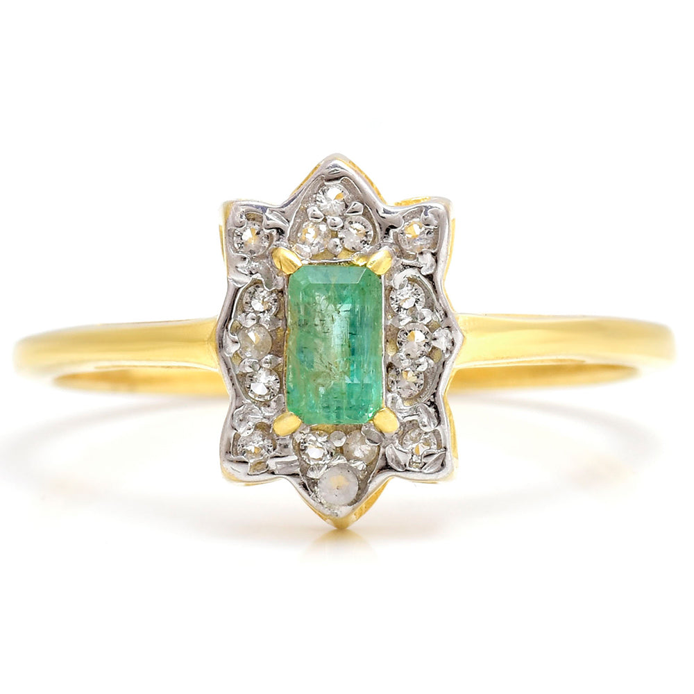 Anillo de Plata Bañada en Oro con Esmeralda de Brasil y Topacio Blanco 1 