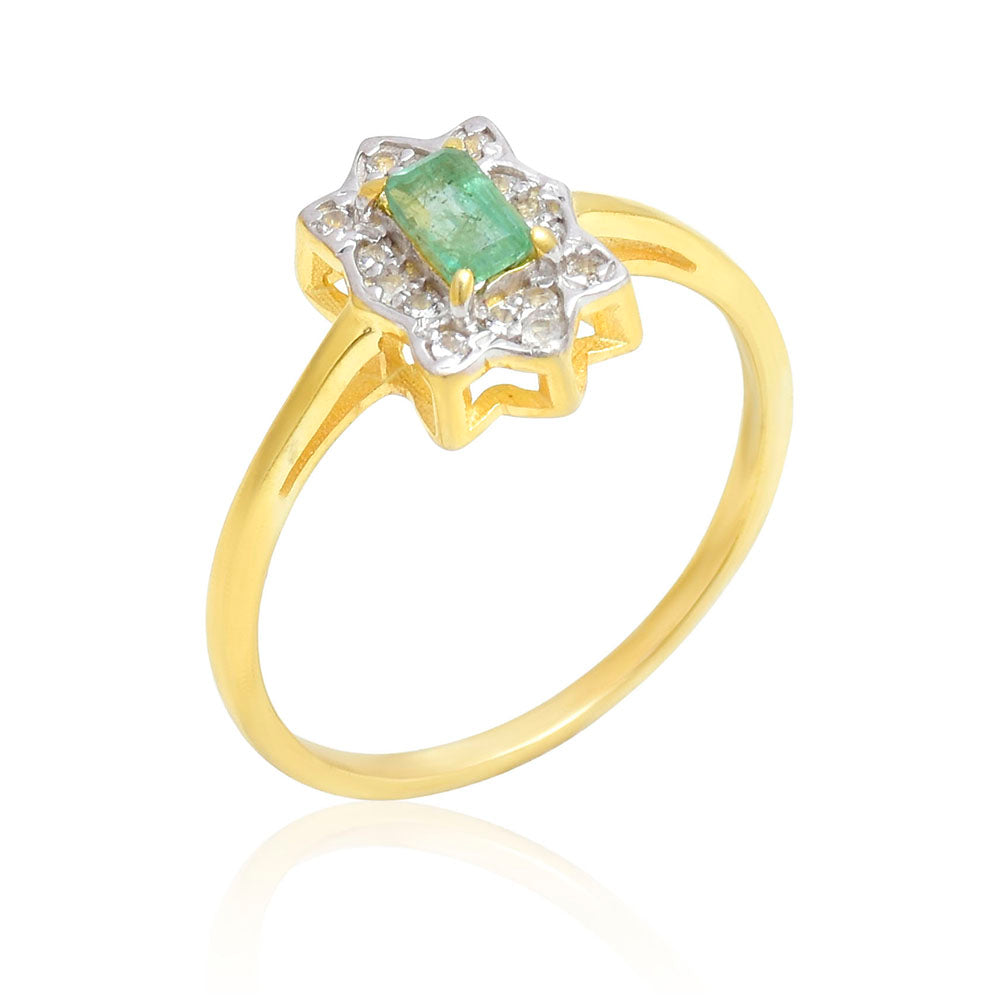 Anillo de Plata Bañada en Oro con Esmeralda de Brasil y Topacio Blanco 3 