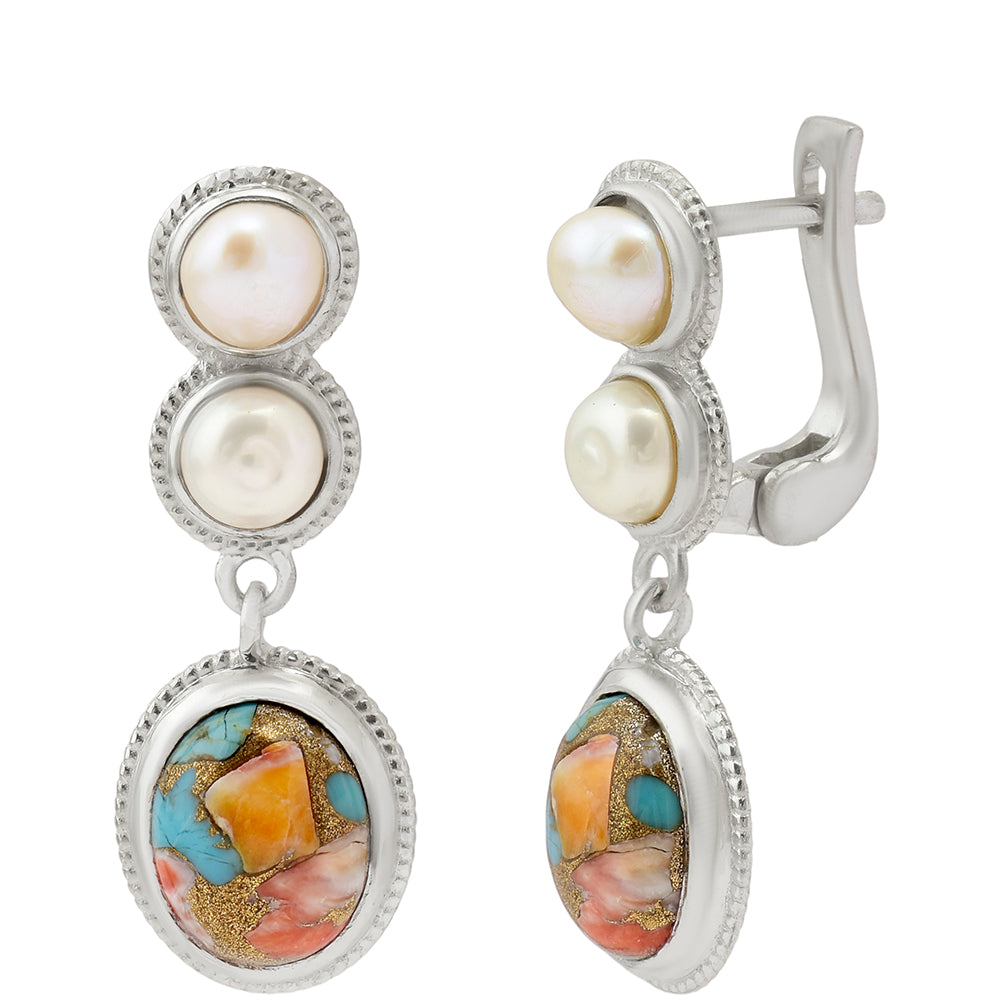 Pendientes de Plata con Turquesa Ostra y Perla blanca de agua dulce 4 