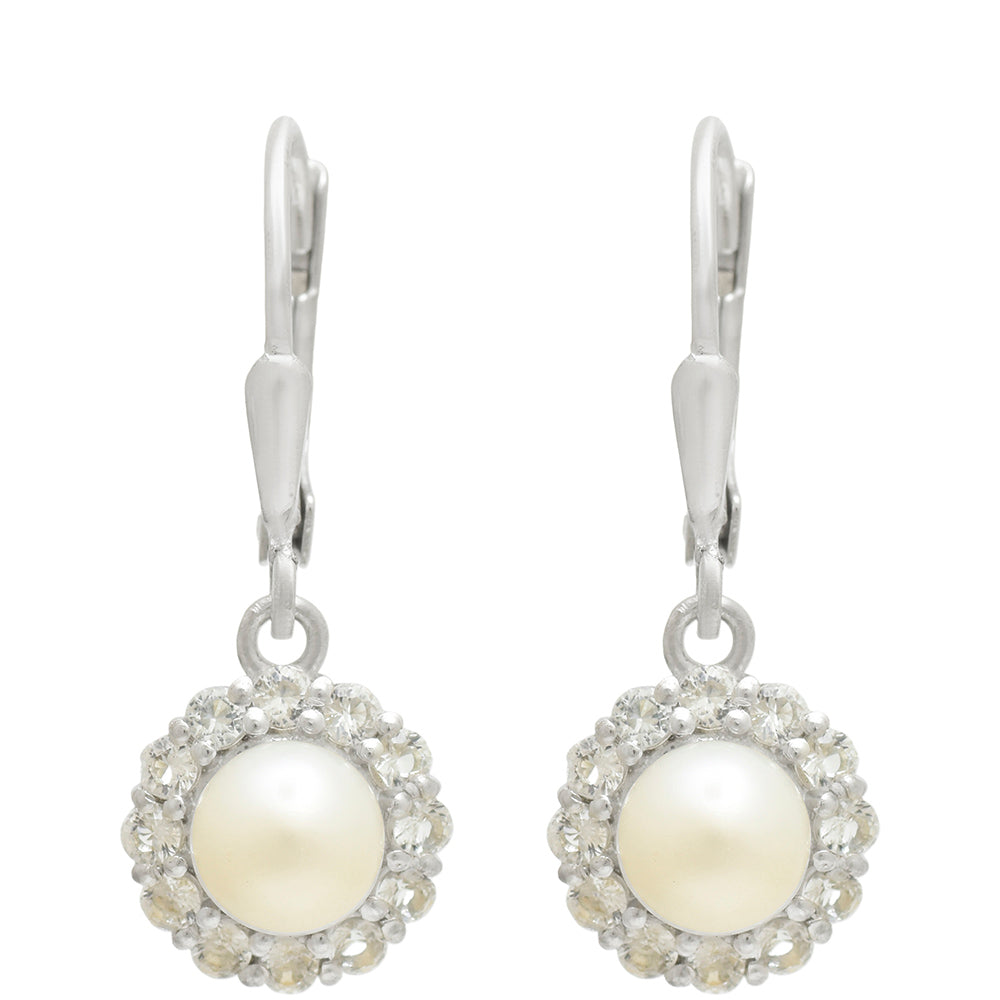 Pendientes de Plata con Perla blanca de agua dulce y Topacio Blanco