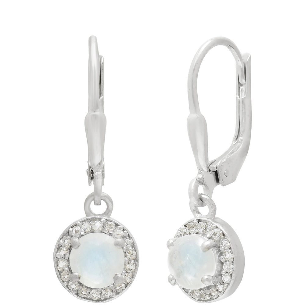 Pendientes de Plata con Piedra Lunar Arco Iris y Topacio Blanco