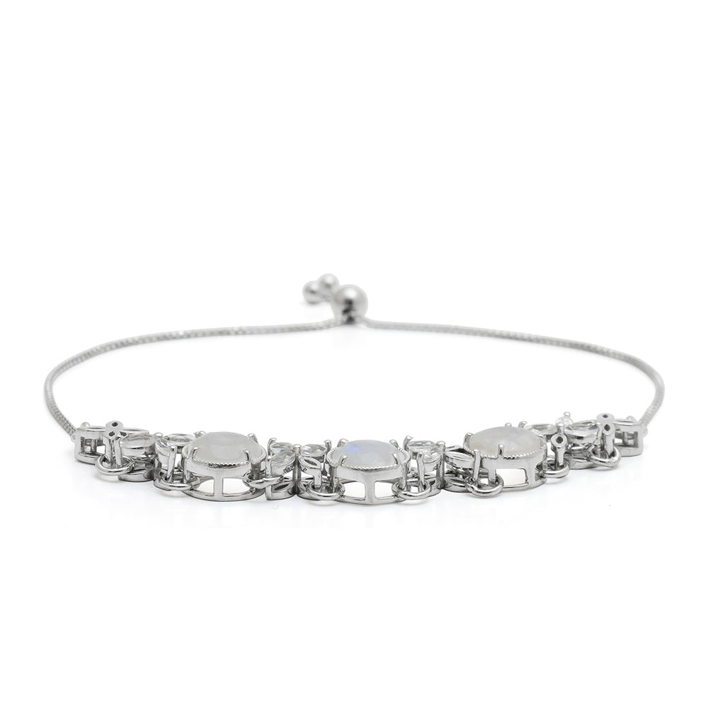 Pulsera de Plata con Piedra Lunar Arco Iris y Topacio Blanco 4 