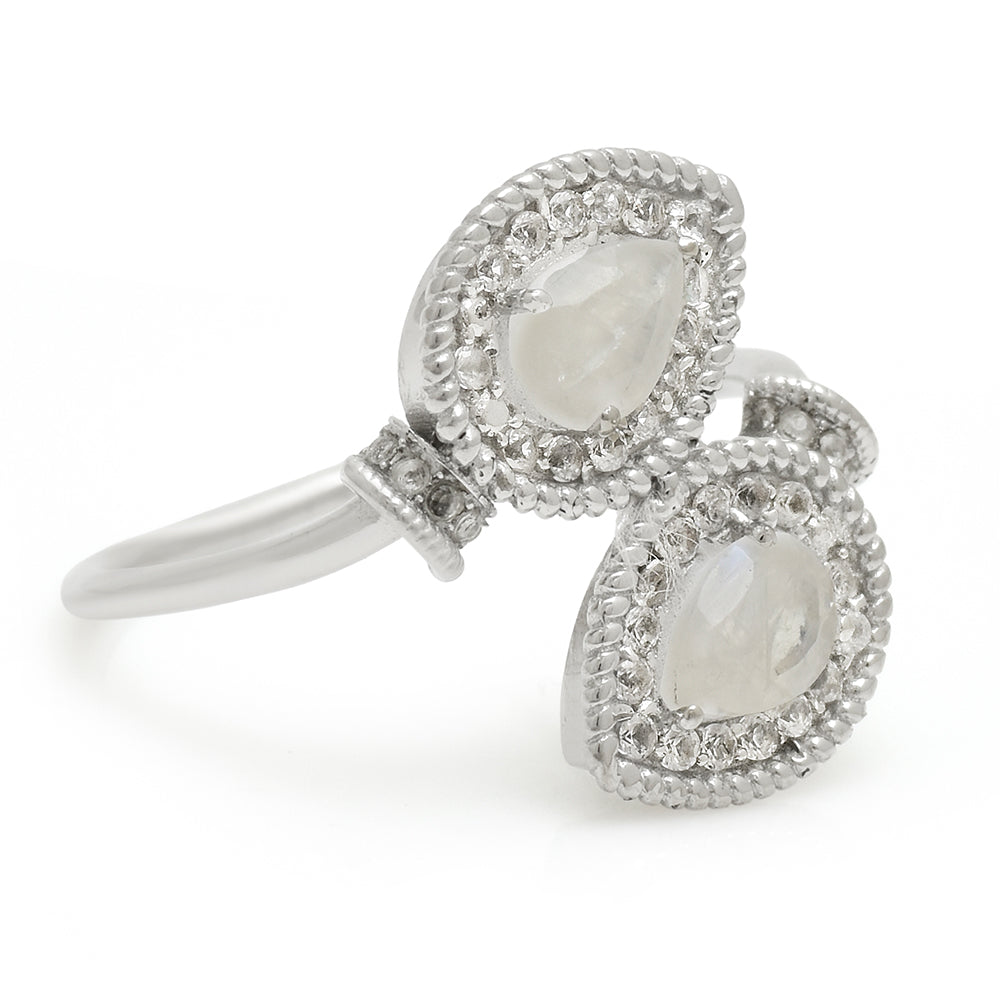 Anillo de Plata con Piedra Lunar Arco Iris y Topacio Blanco 4 