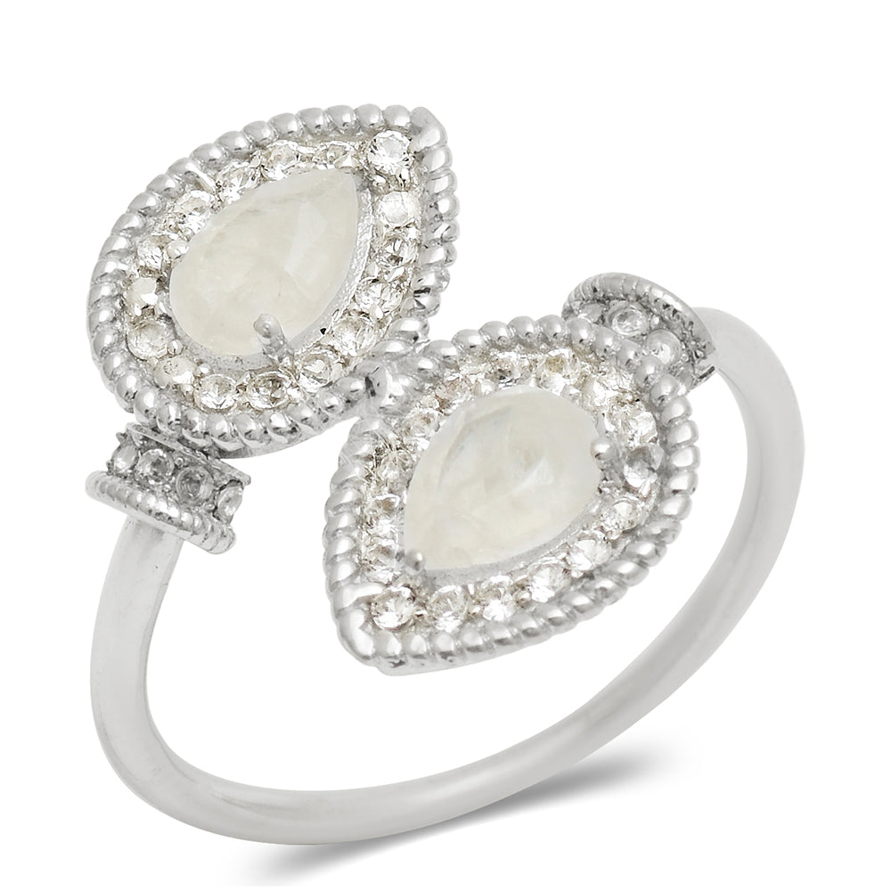 Anillo de Plata con Piedra Lunar Arco Iris y Topacio Blanco 2 