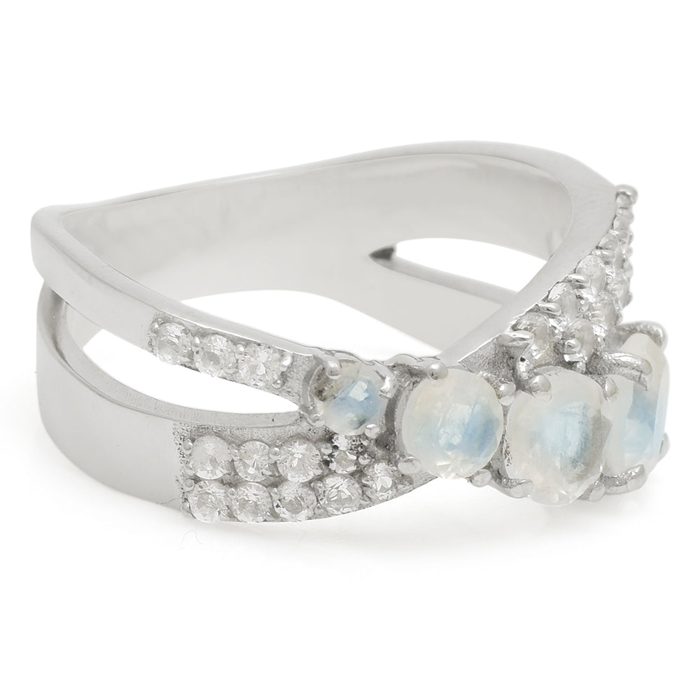 Anillo de Plata con Piedra Lunar Arco Iris y Topacio Blanco 2 