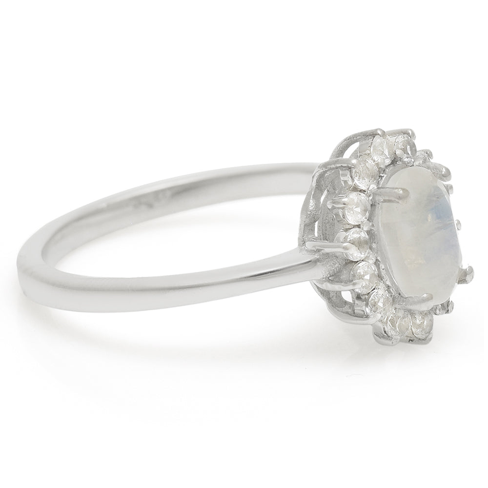 Anillo de Plata con Piedra Lunar Arco Iris y Topacio Blanco