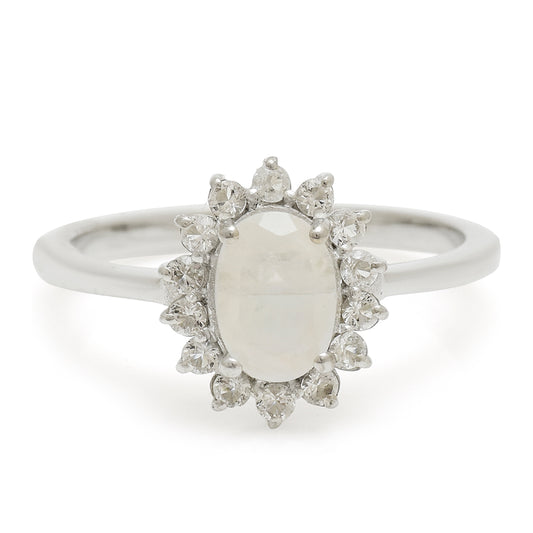 Anillo de Plata con Piedra Lunar Arco Iris y Topacio Blanco