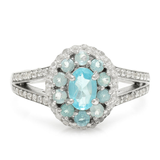 Anillo de Plata con Apatita azul de Madagascar y Topacio Blanco