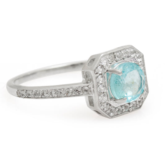 Anillo de Plata con Apatita azul de Madagascar y Topacio Blanco