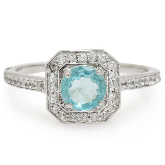 Anillo de Plata con Apatita azul de Madagascar y Topacio Blanco