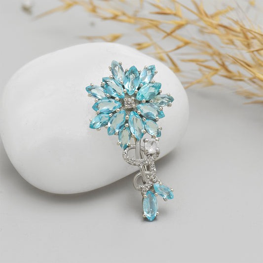 Broche de Plata con Apatita azul de Madagascar y Topacio Blanco