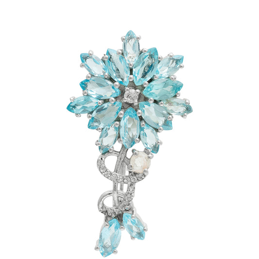 Broche de Plata con Apatita azul de Madagascar y Topacio Blanco