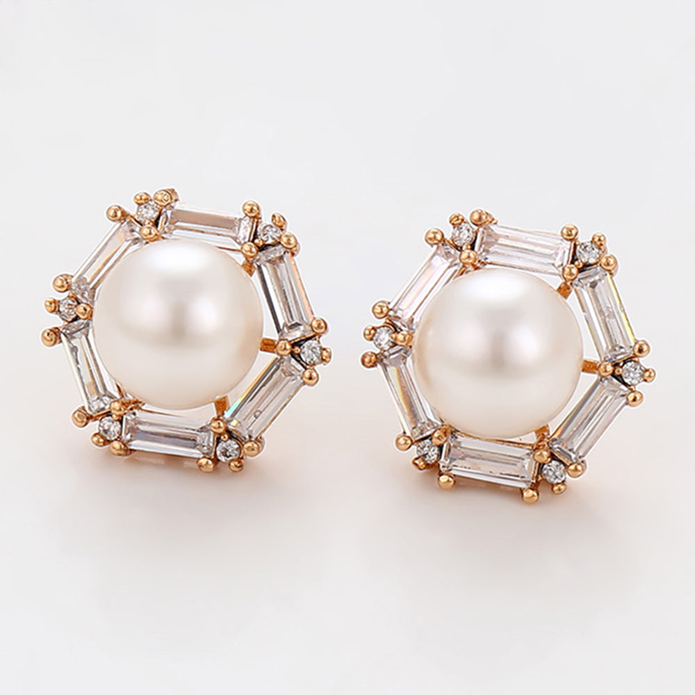Pendientes de Aleación Bañado en Oro con Perla de cristal y Cristal Emporia® Blanco